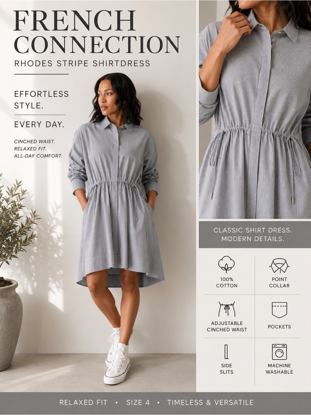 French Connection Rhodes Stripe Shirtdress in Light Gray Waist Size 4